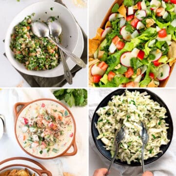 a collage of four different salads in bowls