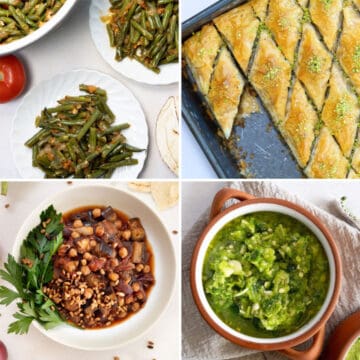 a square collage of food, cooked green beans, pastry in a tray, cooked eggplant with pine nuts and a green sauce