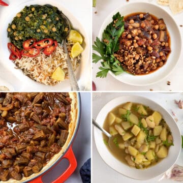 a collage of four stews, one with potatoes, one with eggplant, one with okra and the other is spinach