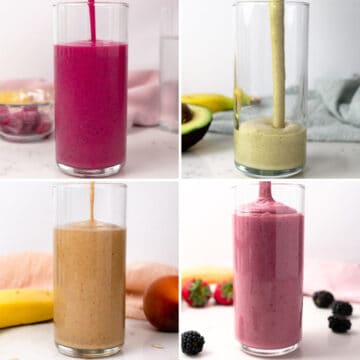 a collage of four different colored smoothies