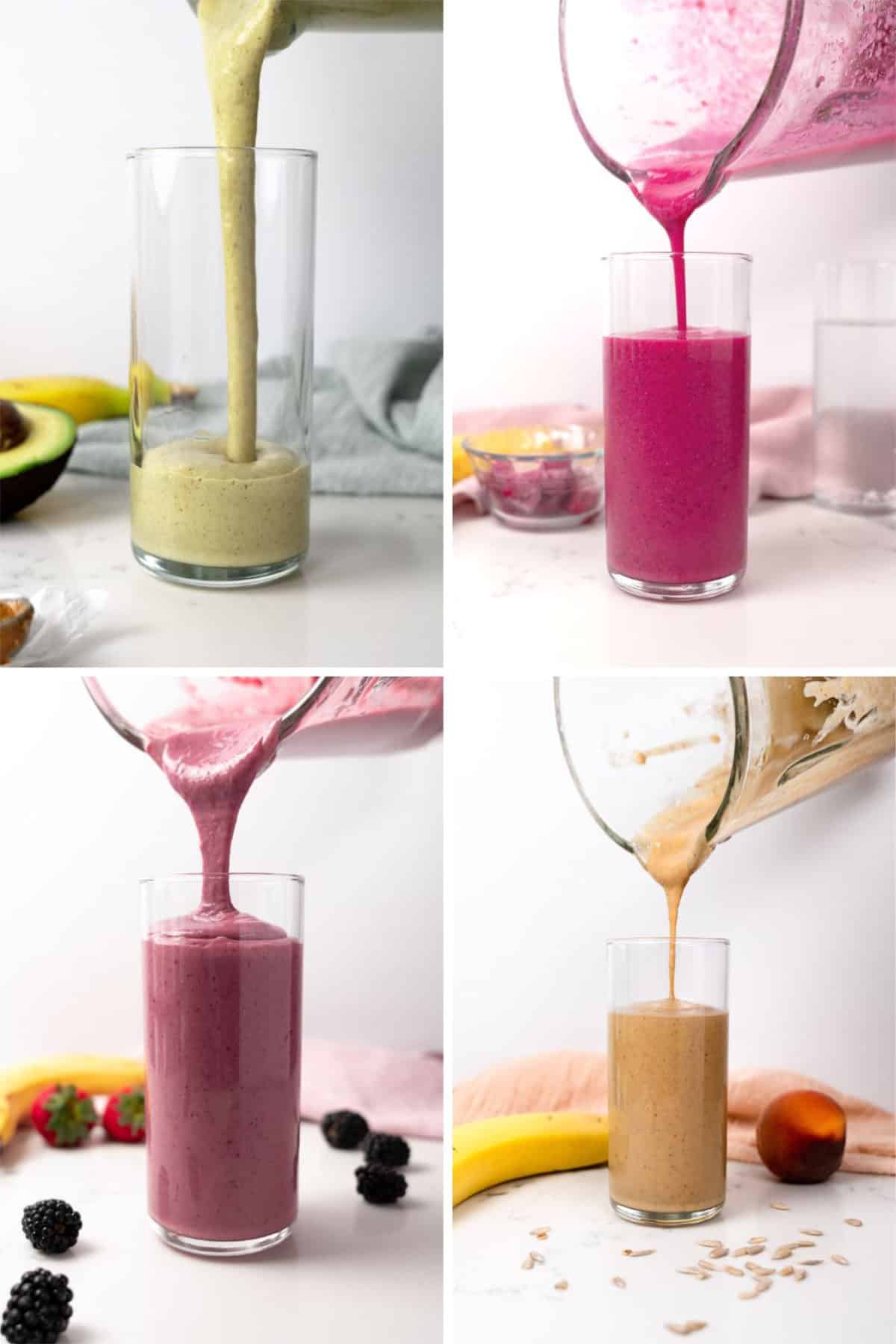 a collage of four different colored smoothies being poured out of a blender