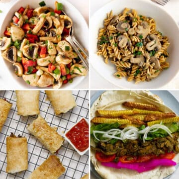 a square collage of different mushroom meals, pasta, salad, sausage rolls and shawarma wrap
