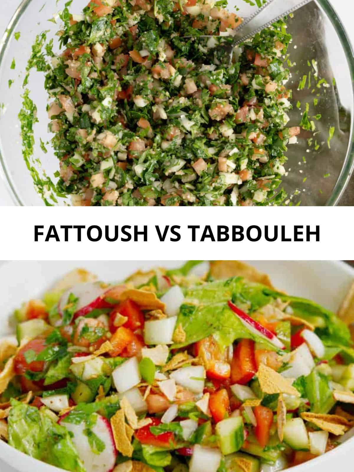 two salads, one chunky and one finely chopped, both greenish