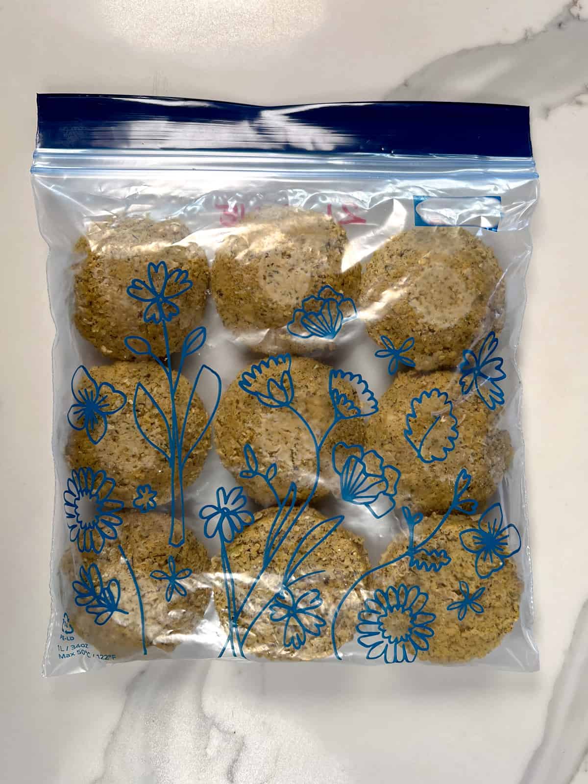 frozen uncooked falafel balls in a snap lock bag