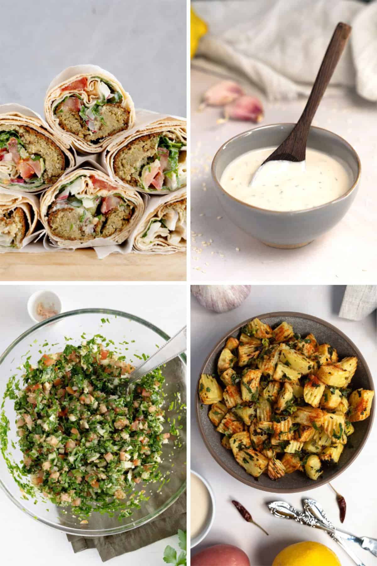 a four pic collage of falafel sandwiches, white sauce, salad and crispy potato cubes