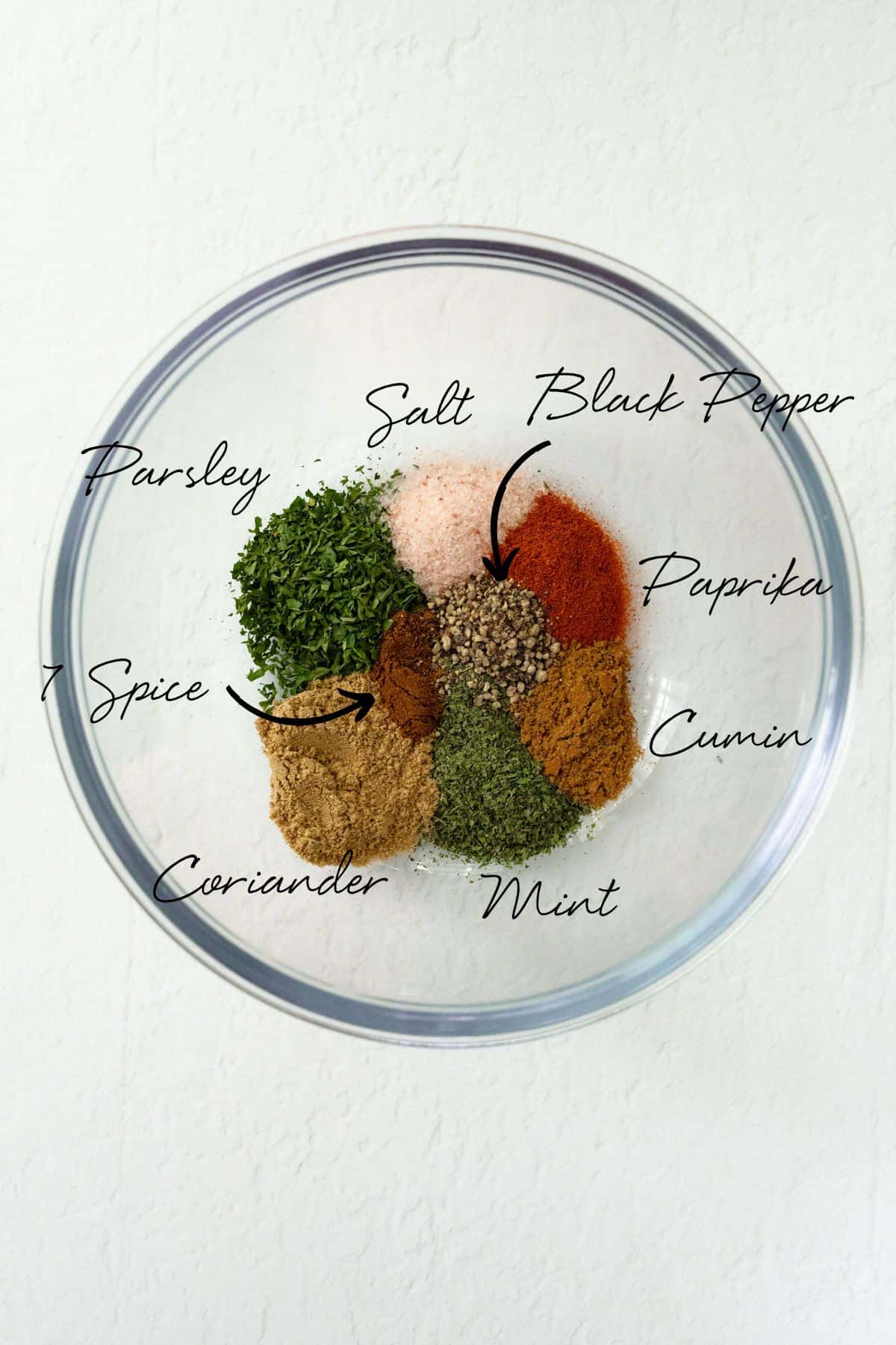 a glass bowl filled with different dried herbs and spices  with labels for falafel