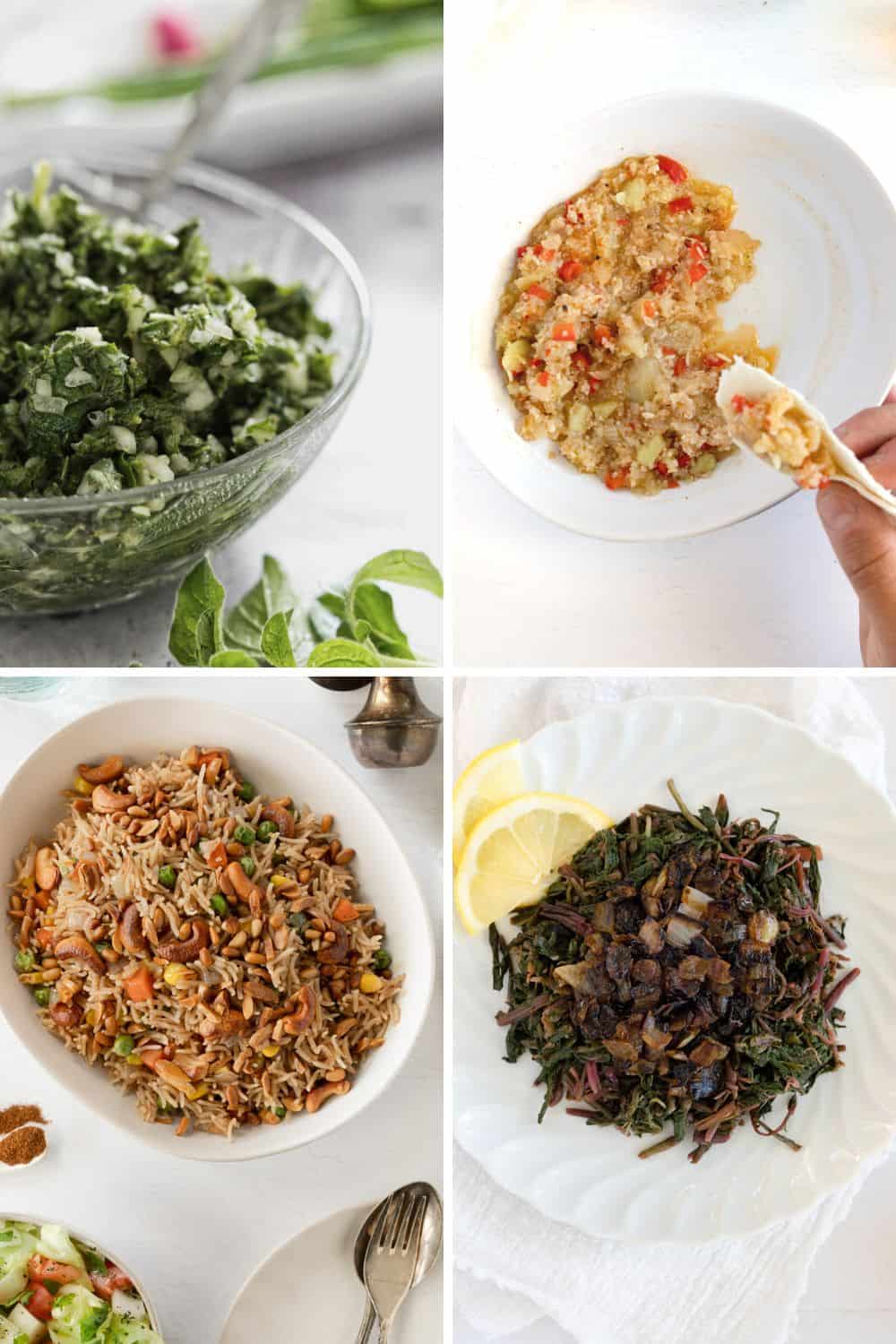 four pictures of different Lebanese side dishes, rice, greens, salad and bulgur with squash