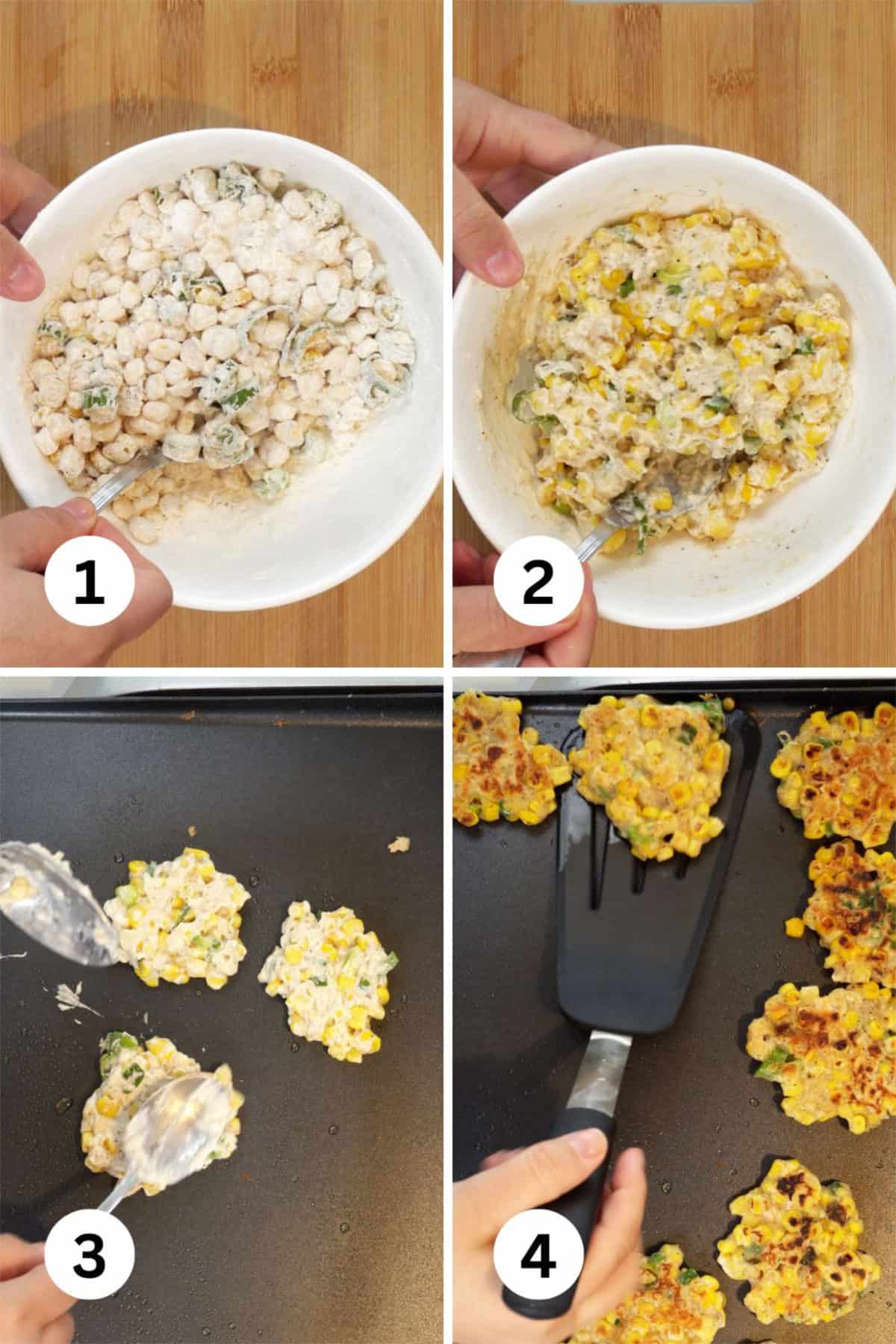 four images showing how to make corn fritters from batter to patties
