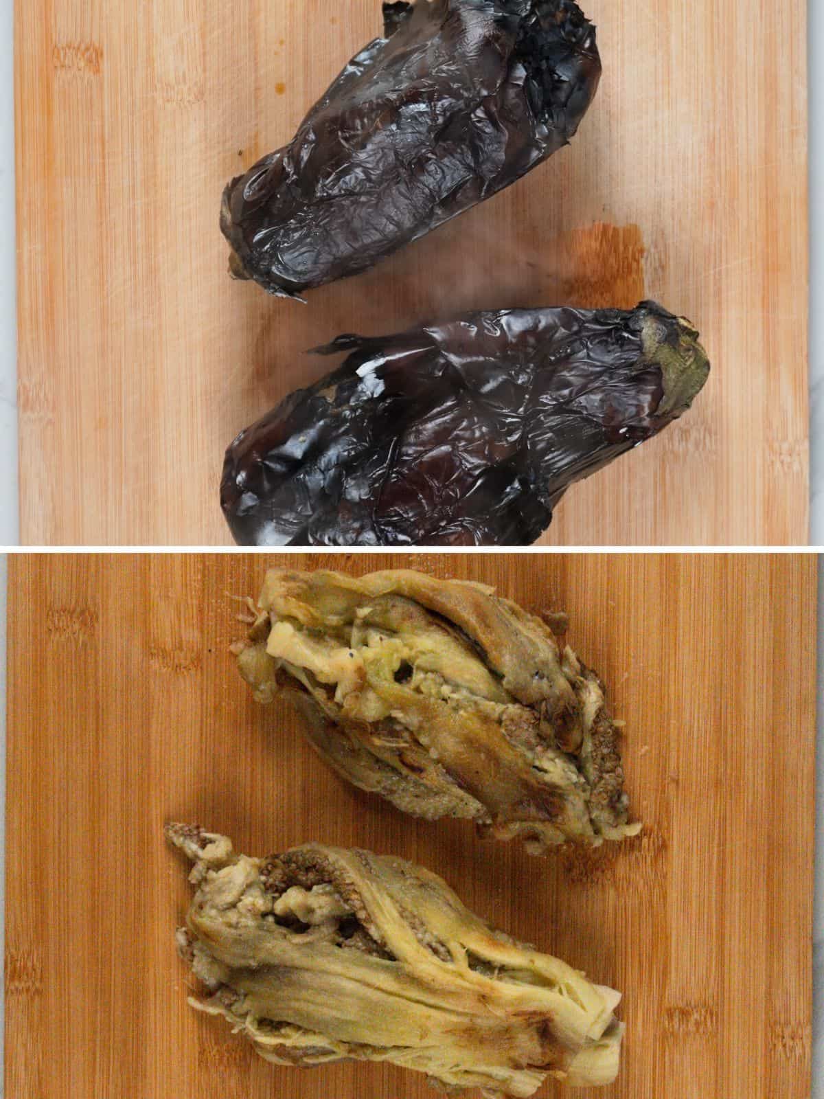 charred eggplants and peeled cooked eggplants