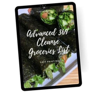an ipad with a picture of sushi and the words "advanced 369 cleanse groceries list"