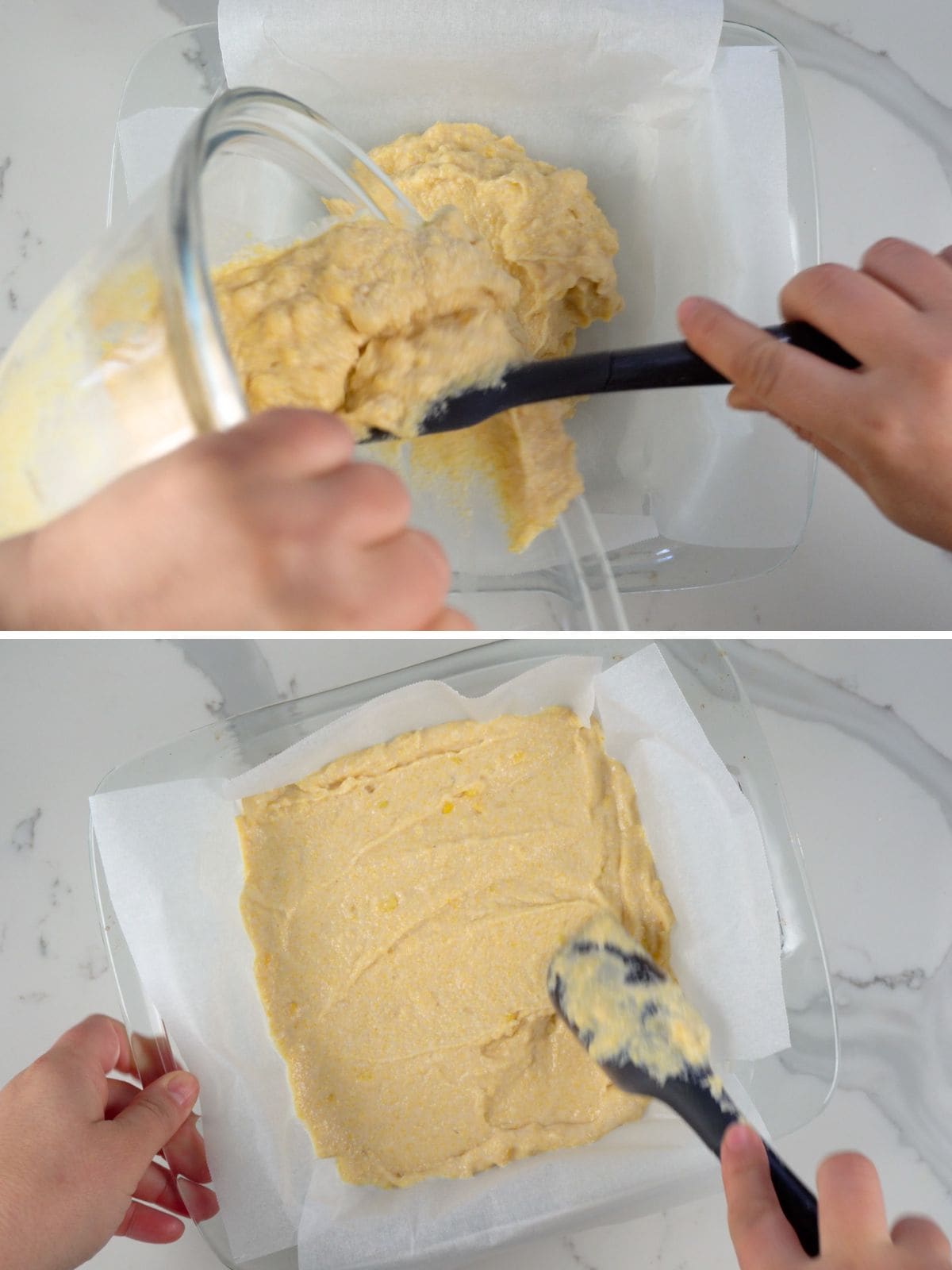 two images of the process of pouring the batter in a baking dish and then flattening it out with a spatula