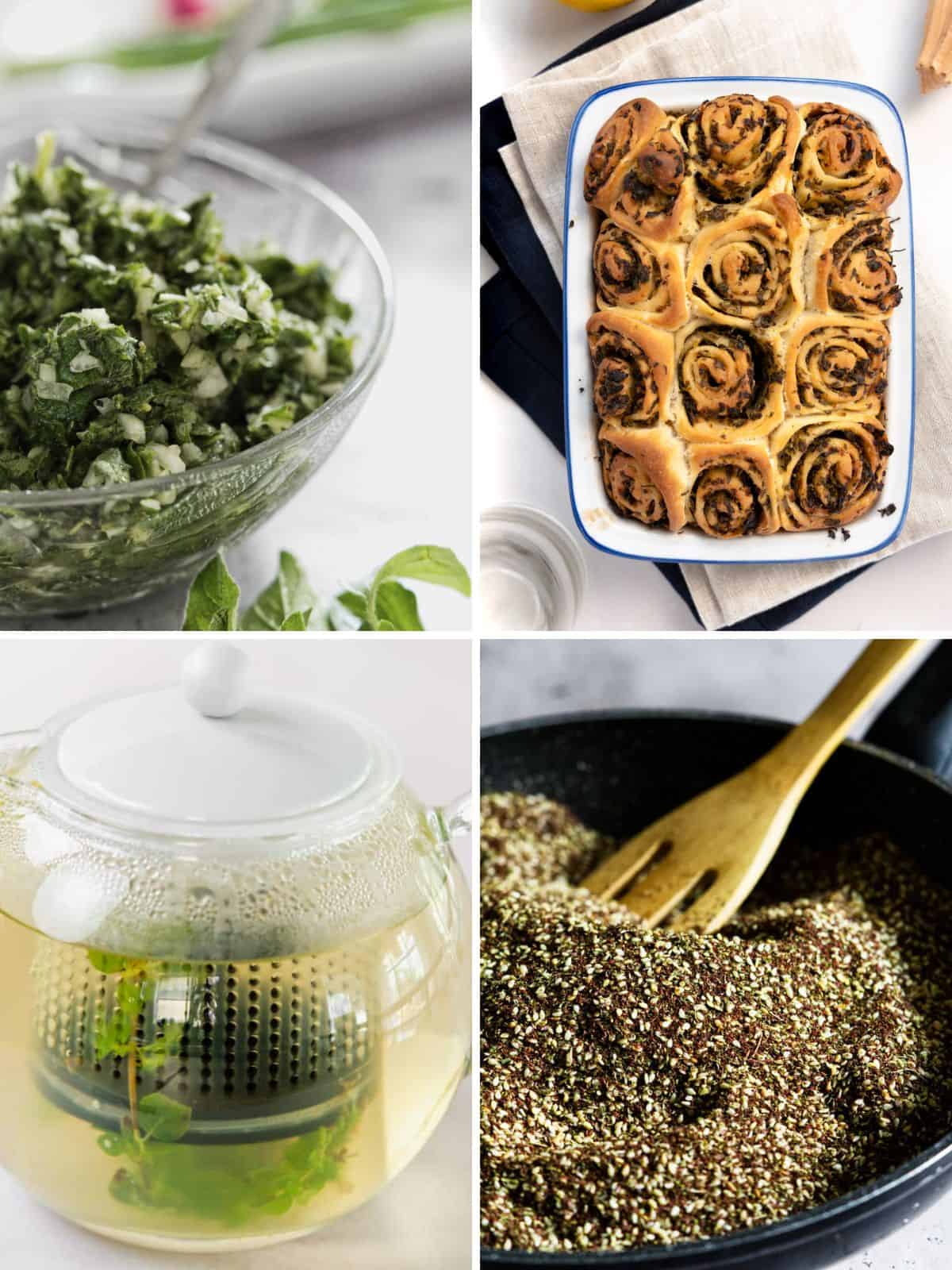 a collage of fresh oregano recipes including salad, bread scrolls, tea and seasoning