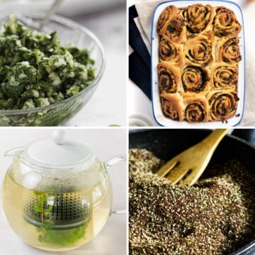 a collage of fresh oregano recipes including salad, bread scrolls, tea and seasoning