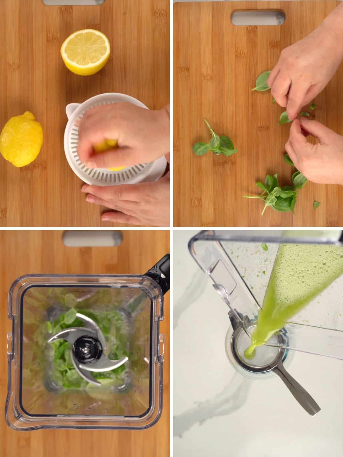 female hands squeezing lemon juice, picking basil leaves, ingredients in a blender and pouring basil mint juice
