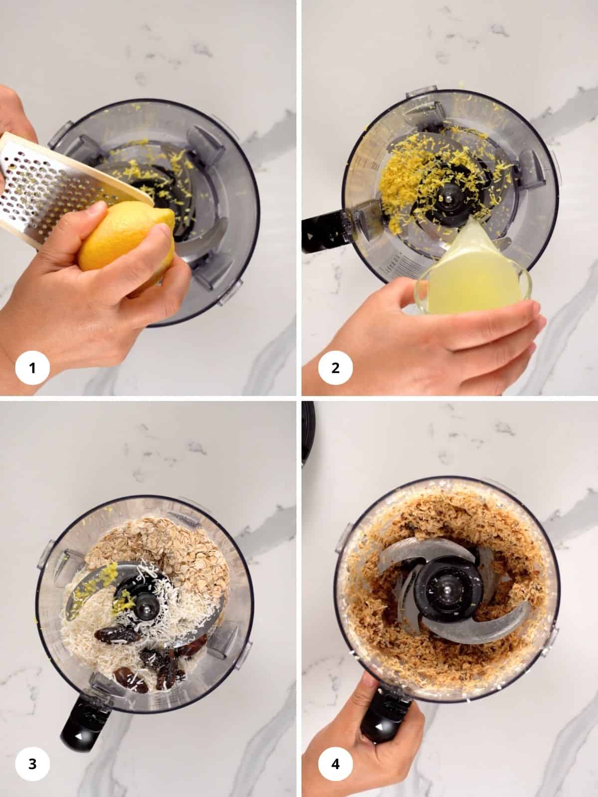 process shots showing how to make coconut lemon balls mixture in a food processor