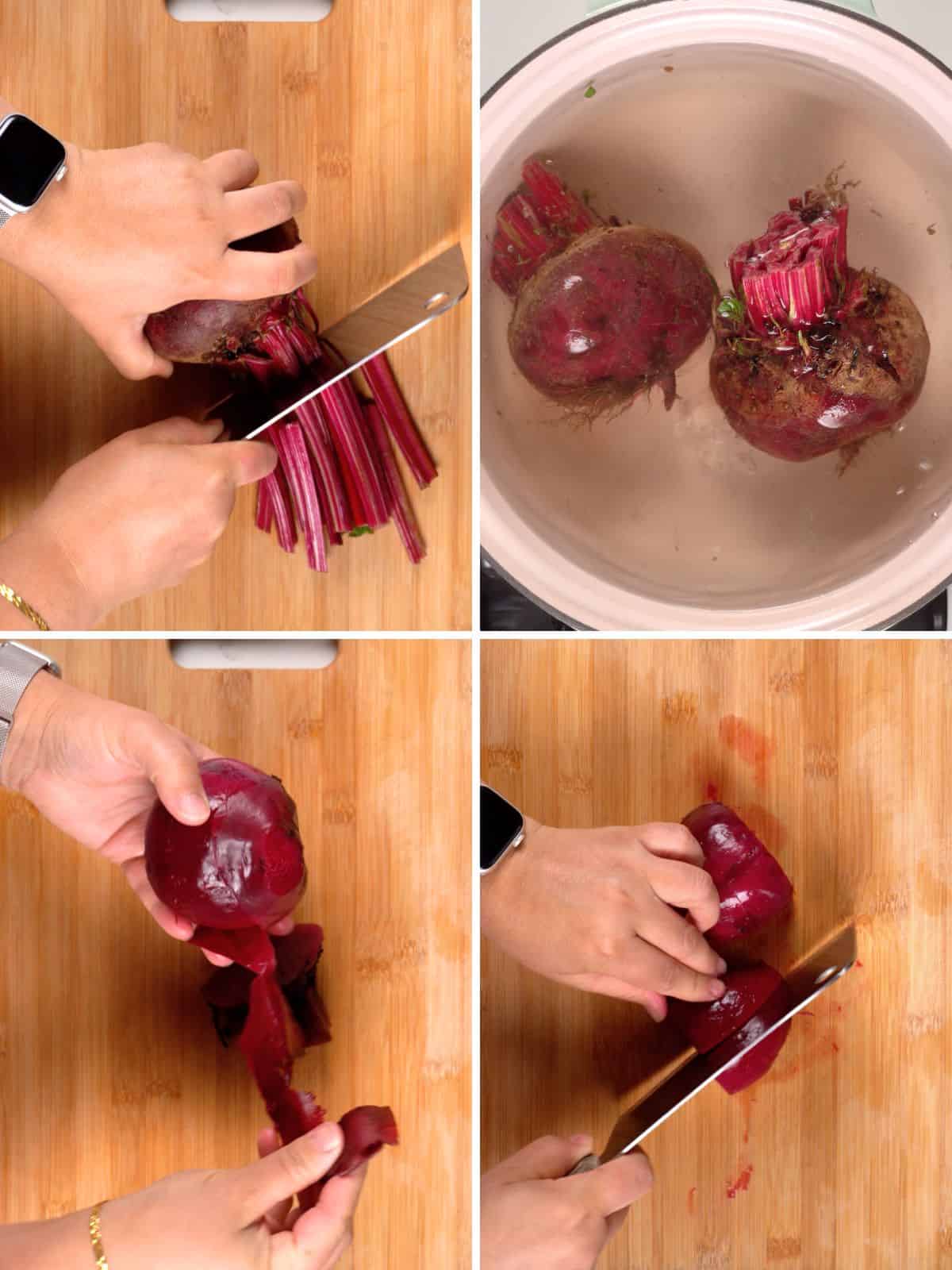 a collage of trimming, boiling, peeling and cutting fresh beetroot