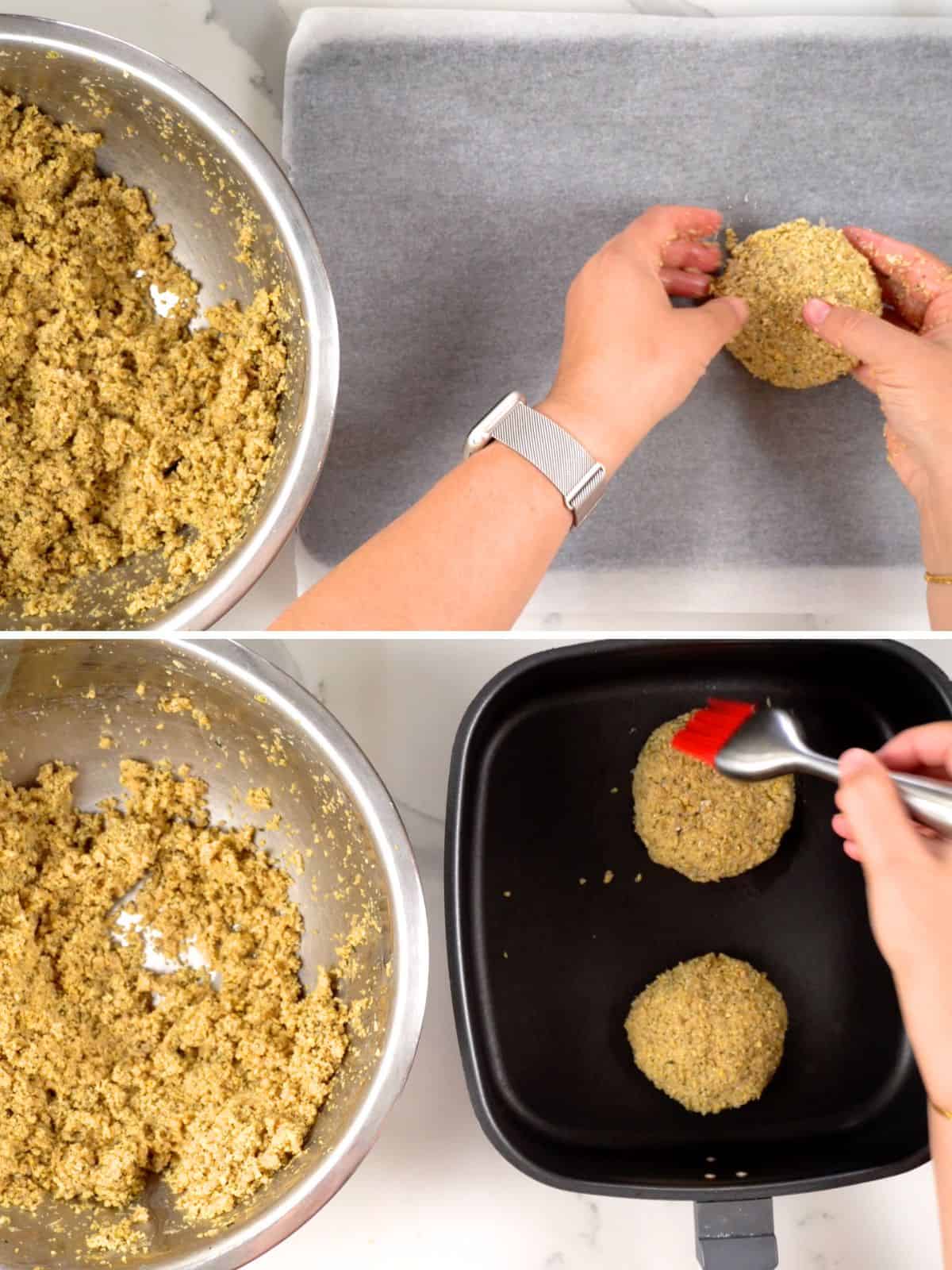 female hands making falafel patties and putting it on a tray or an air fryer basket