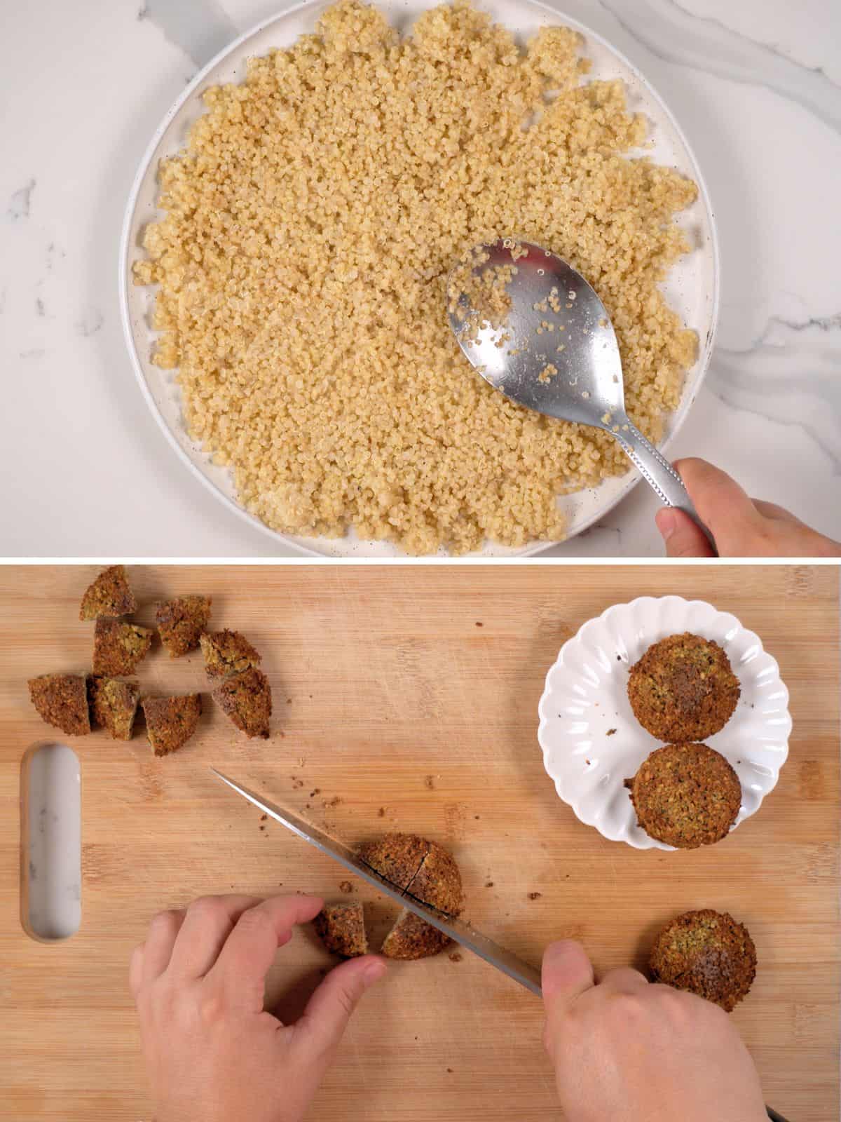 spreading cooked quinoa onto a plate and cutting falafel into quarters