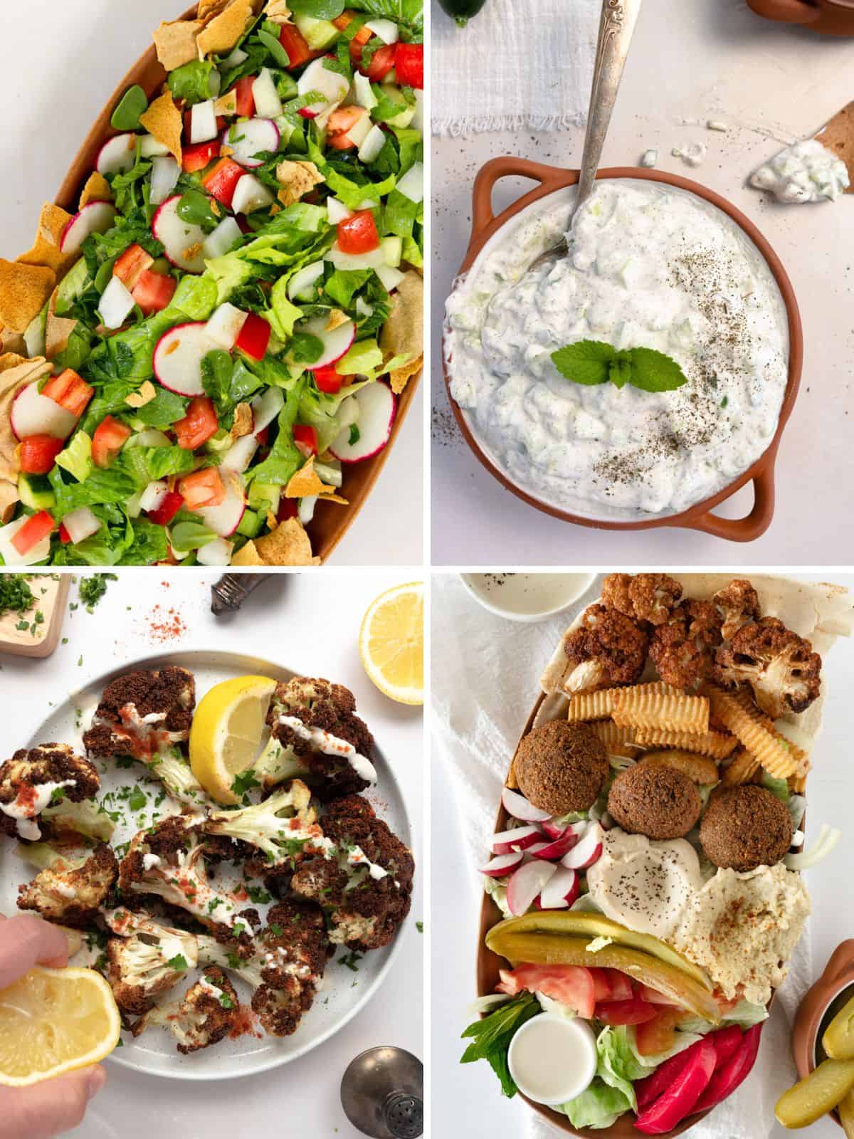a collage for salads, falafel bowl and cauliflower bites for falafel ideas for dinner