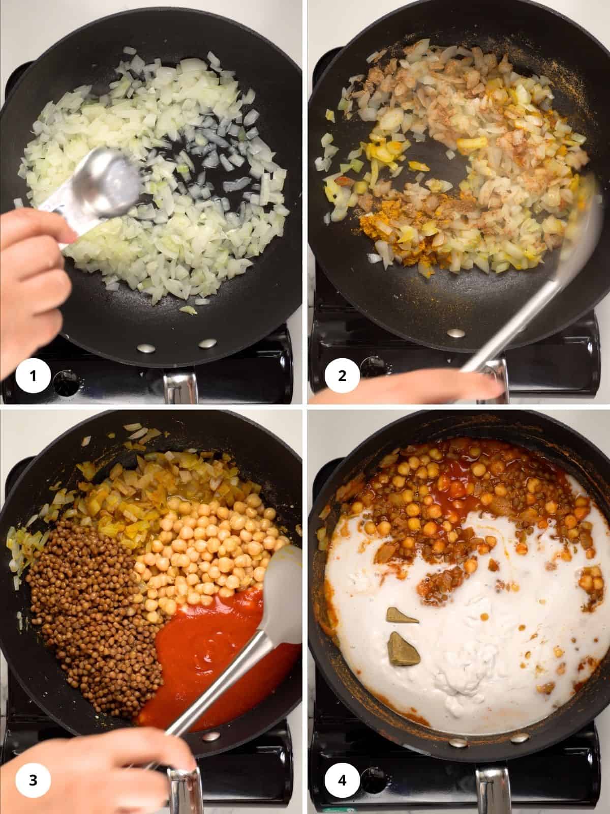 a female showing step by step how to cook a chickpea lentil curry