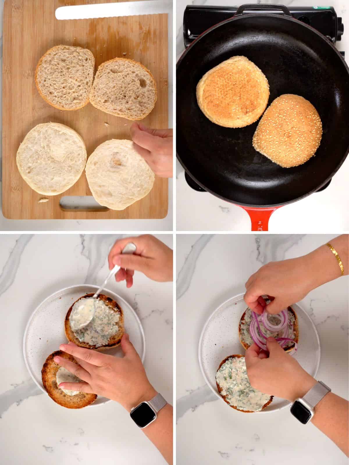 a collage showing toasting burger buns in a pan and female hands putting sauce on them