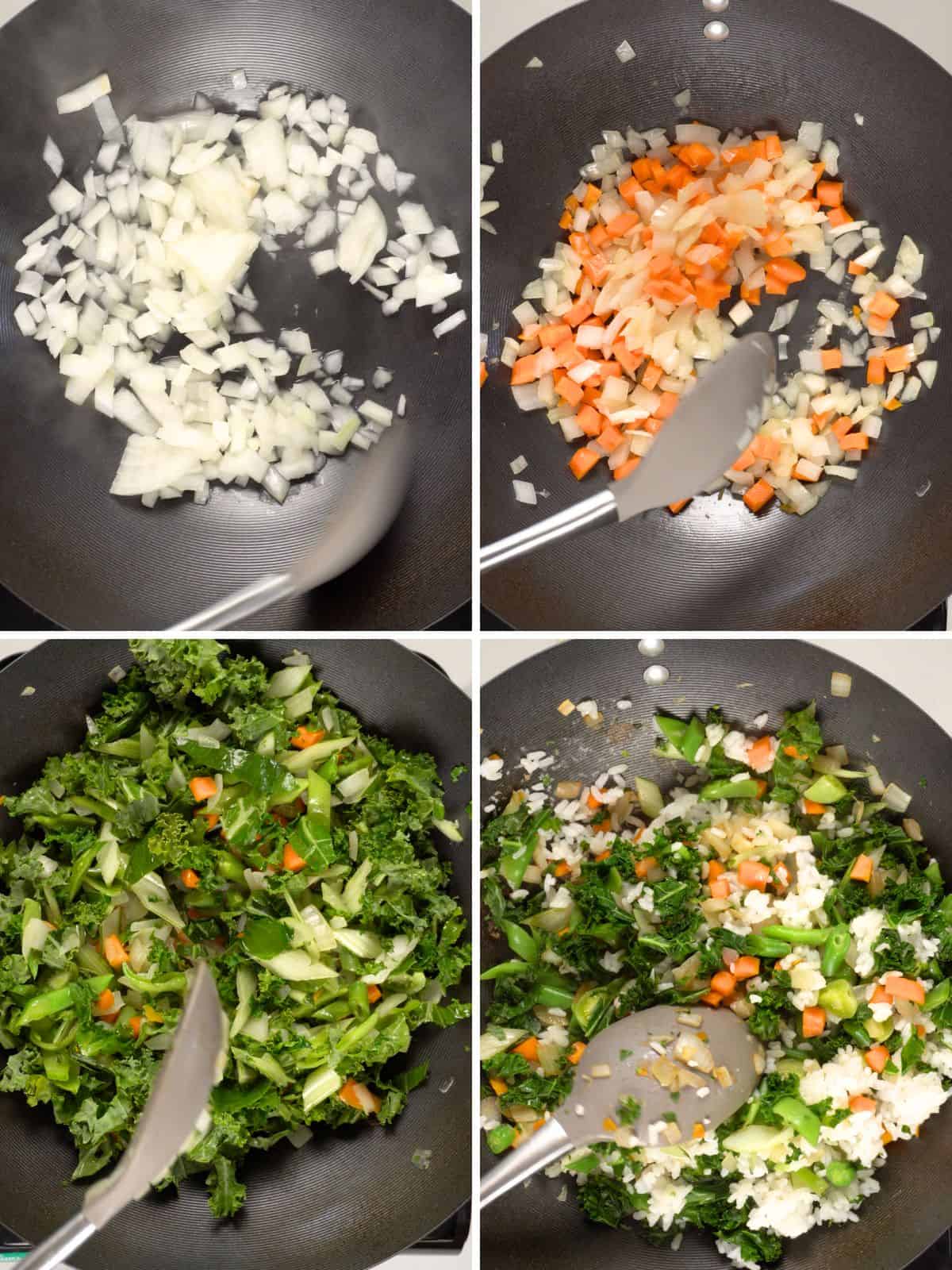 photos showing the different stages of cooking vegan oil free fried rice