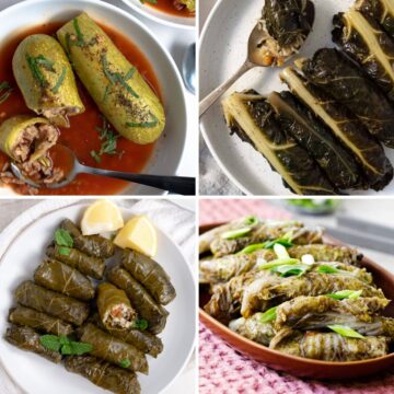 a pic collage of vegan Lebanese stuffed foods of kousa mashi, mahshi selek, warek enab and mashi malfouf