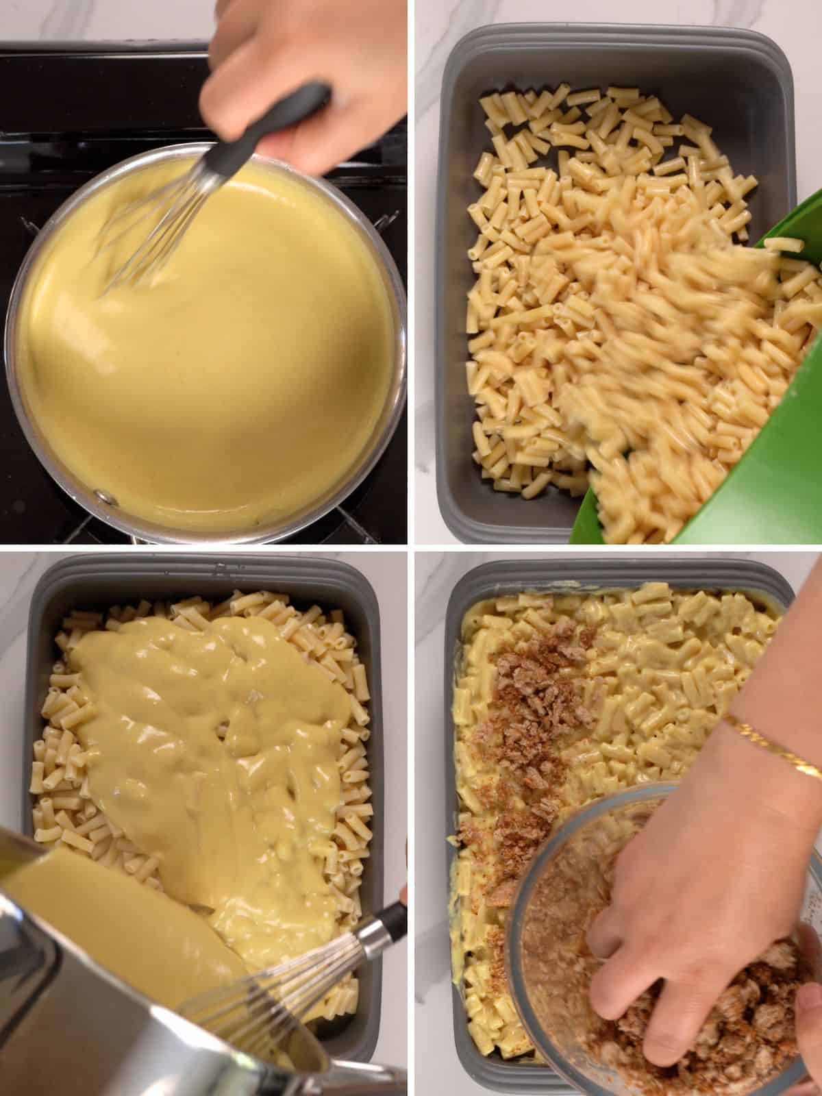 a female hand making putting together vegan mac and cheese with breadcrumbs on top in a casserole dish