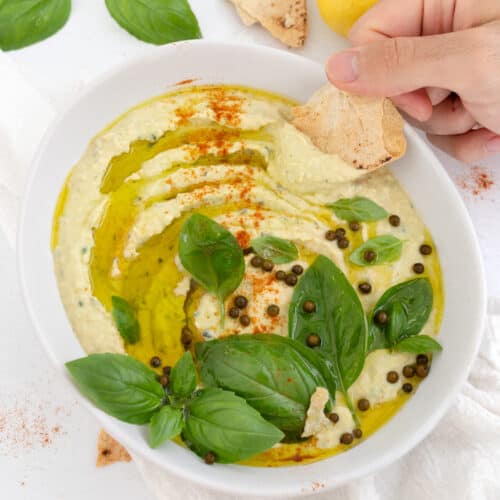 Delicious Fresh Basil Hummus With Garlic and Lemon