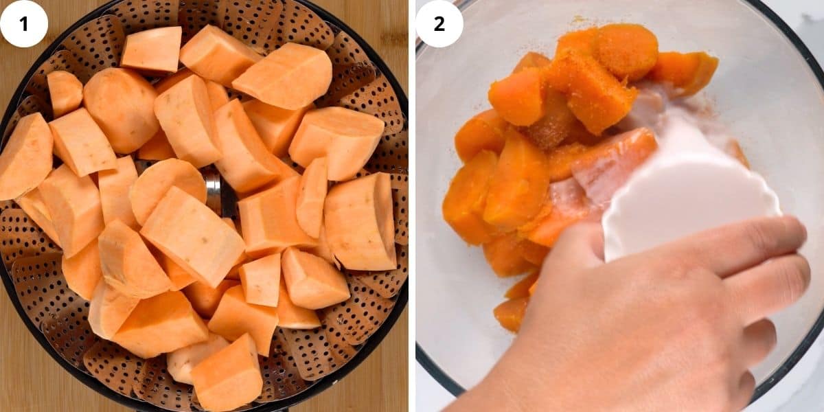 sweet potato chunks in a steamer basket and glass bowl