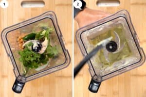 blending herbs, chickpeas, jalapeno in a blender