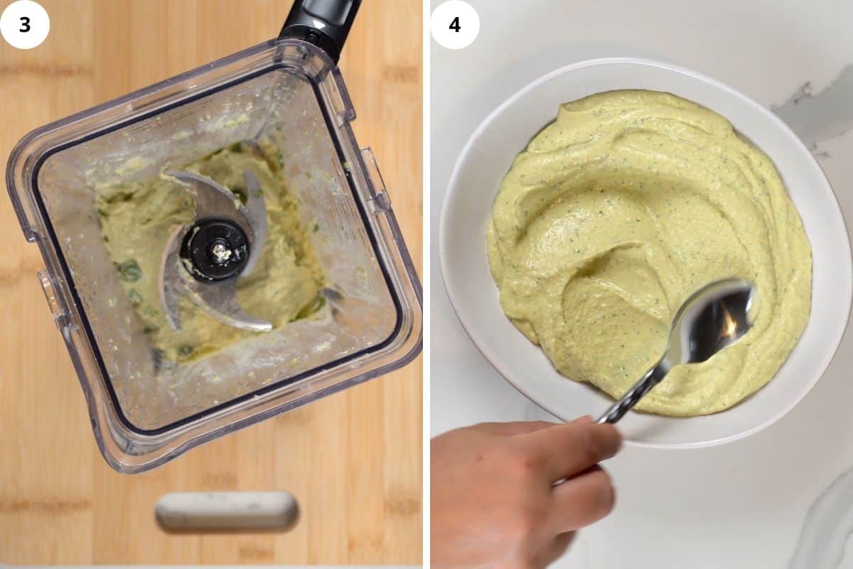 cilantro lime hummus in a blender and being spread out in a bowl