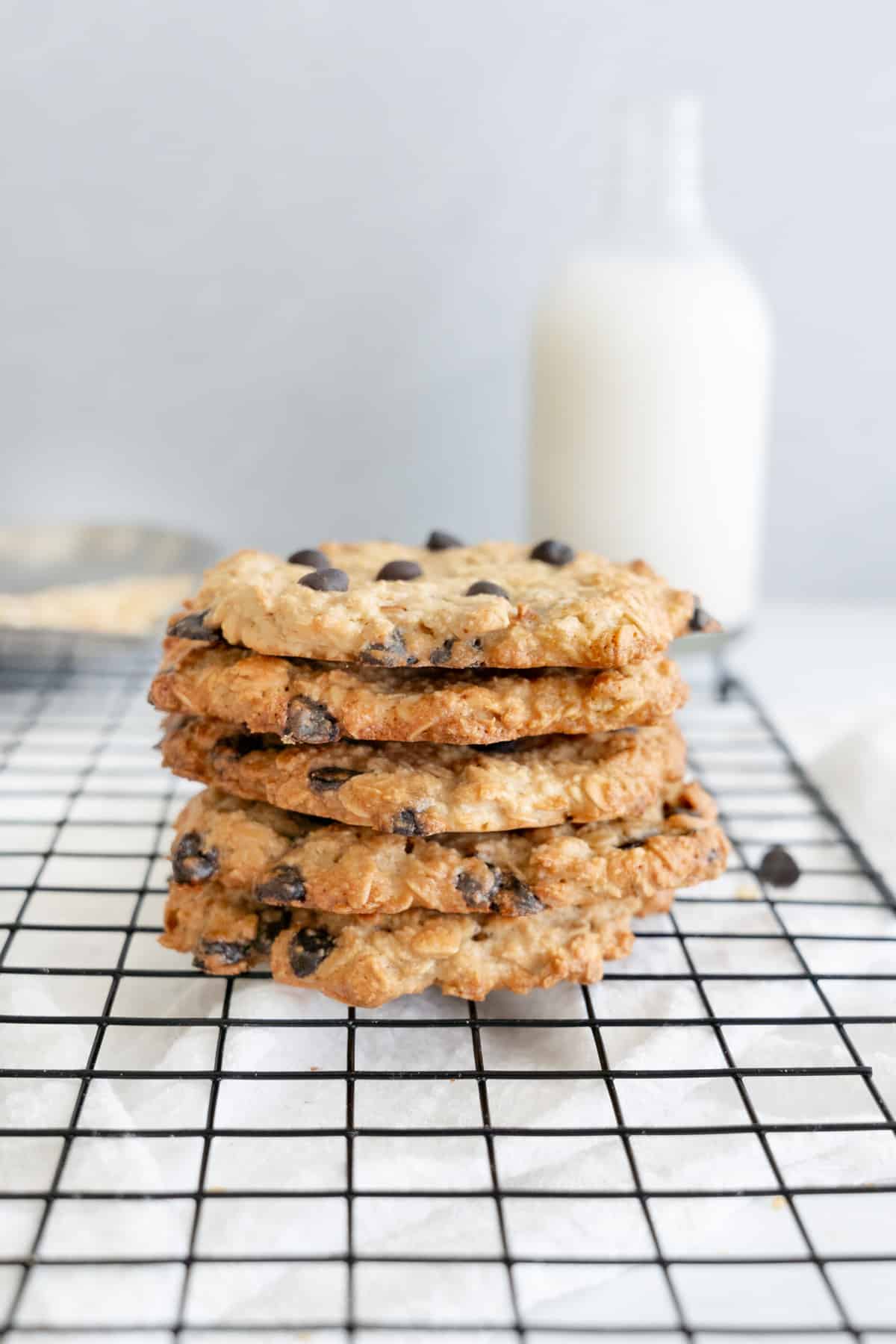 a stack of chocolate chip oatmeal cookies