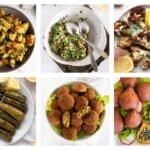 a collage of 6 different vegan Lebanese mezze foods