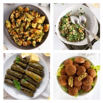 a collage of 4 different vegan Lebanese mezze foods