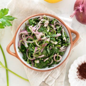 A bowl of salad with onions and parsley.