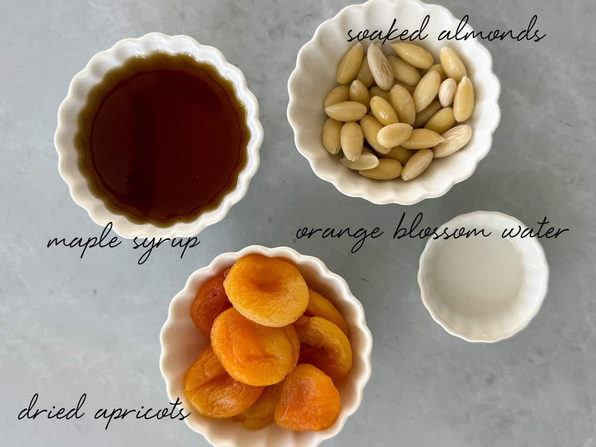 maple syrup, almonds, apricots, orange blossom water laid out