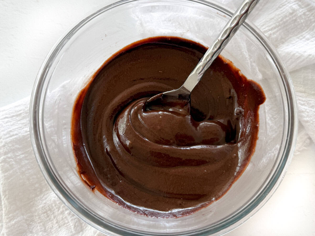 chocolate tahini spread in a glass bowl