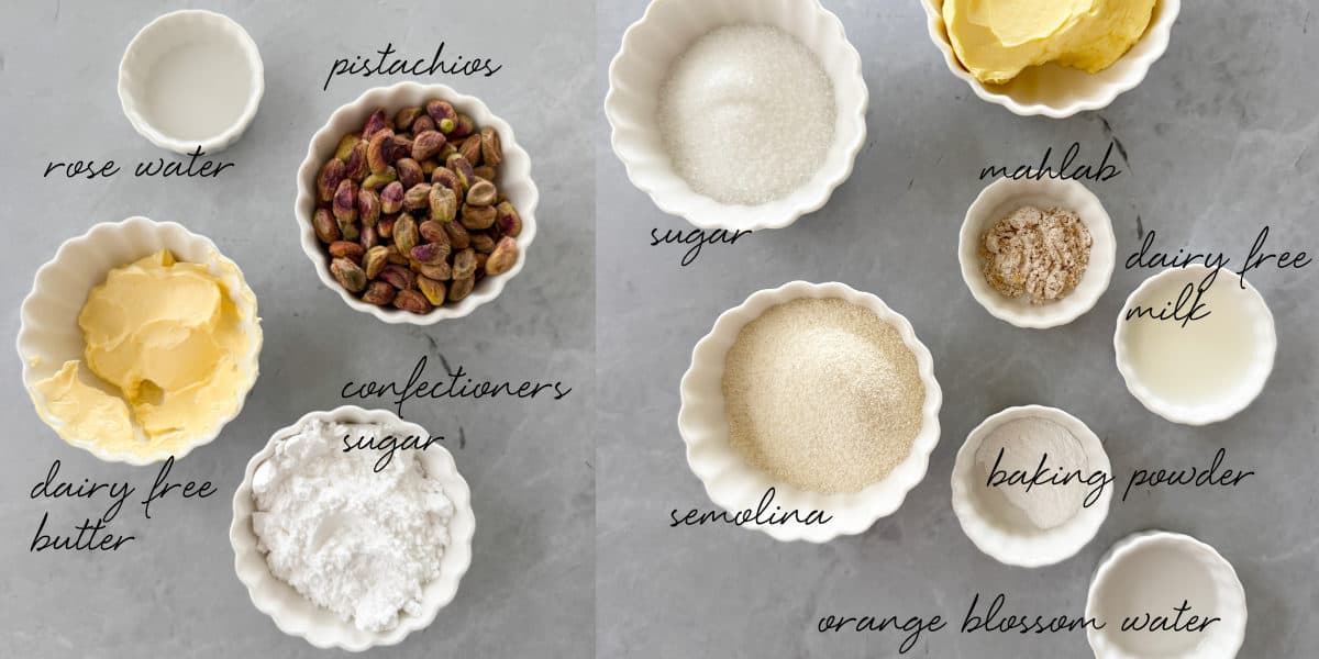 pistachios, semolina, butter, sugar, mahlab, wet ingredients all laid out in bowls