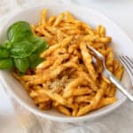 vegetable pasta sauce on pasta in a bowl