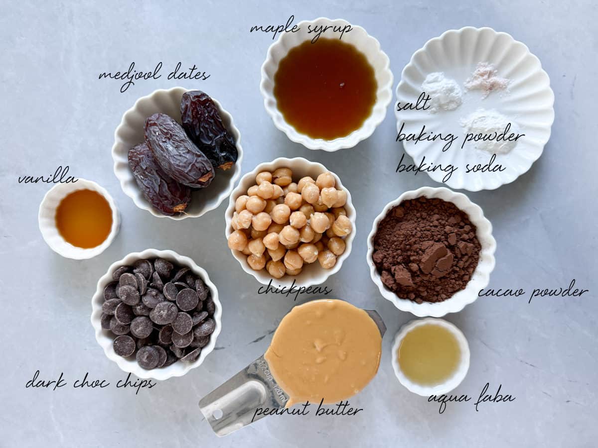 chickpeas, cacao powder, peanut butter, medjool dates, choc chips, and liquids all laid out in bowls