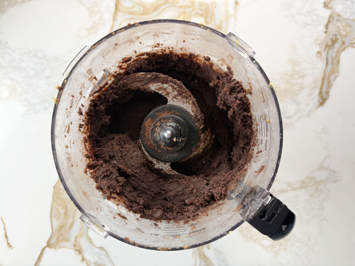 chickpea brownie batter in a food processor bowl