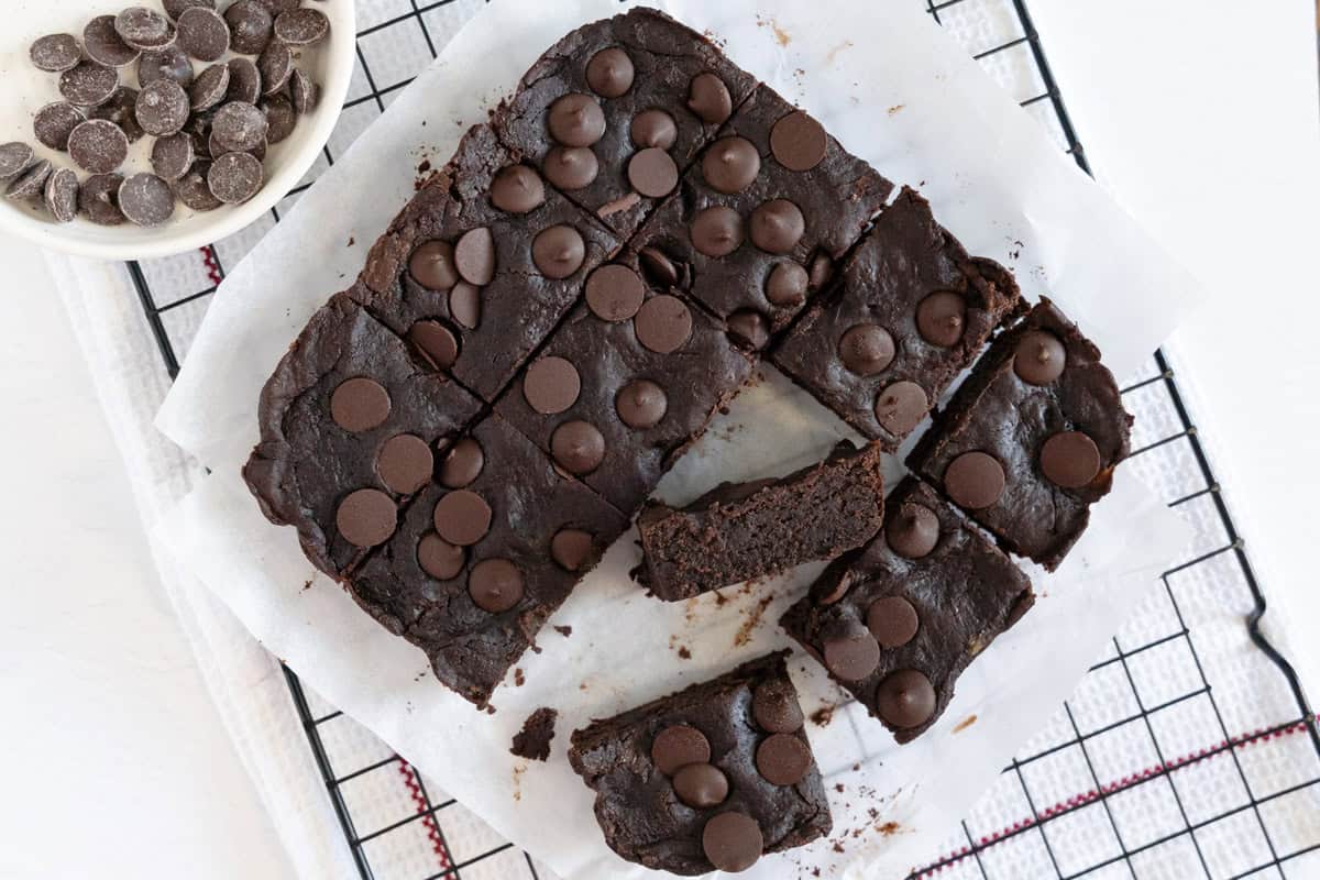 cut cup chickpea brownies slab