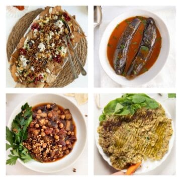 eggplant fatteh, stuffed long eggplant, eggplant stew and eggplant dip plates in a collage