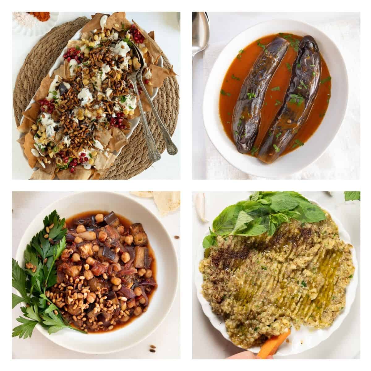 eggplant fatteh, stuffed long eggplant, eggplant stew and eggplant dip plates in a collage