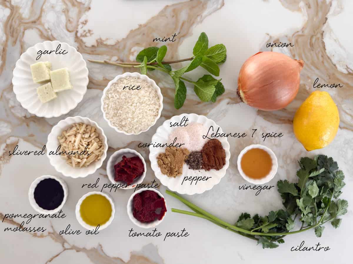onion, herbs, rice, spices, lemon, red pastes, molasses, olive oil and slivered almonds laid out